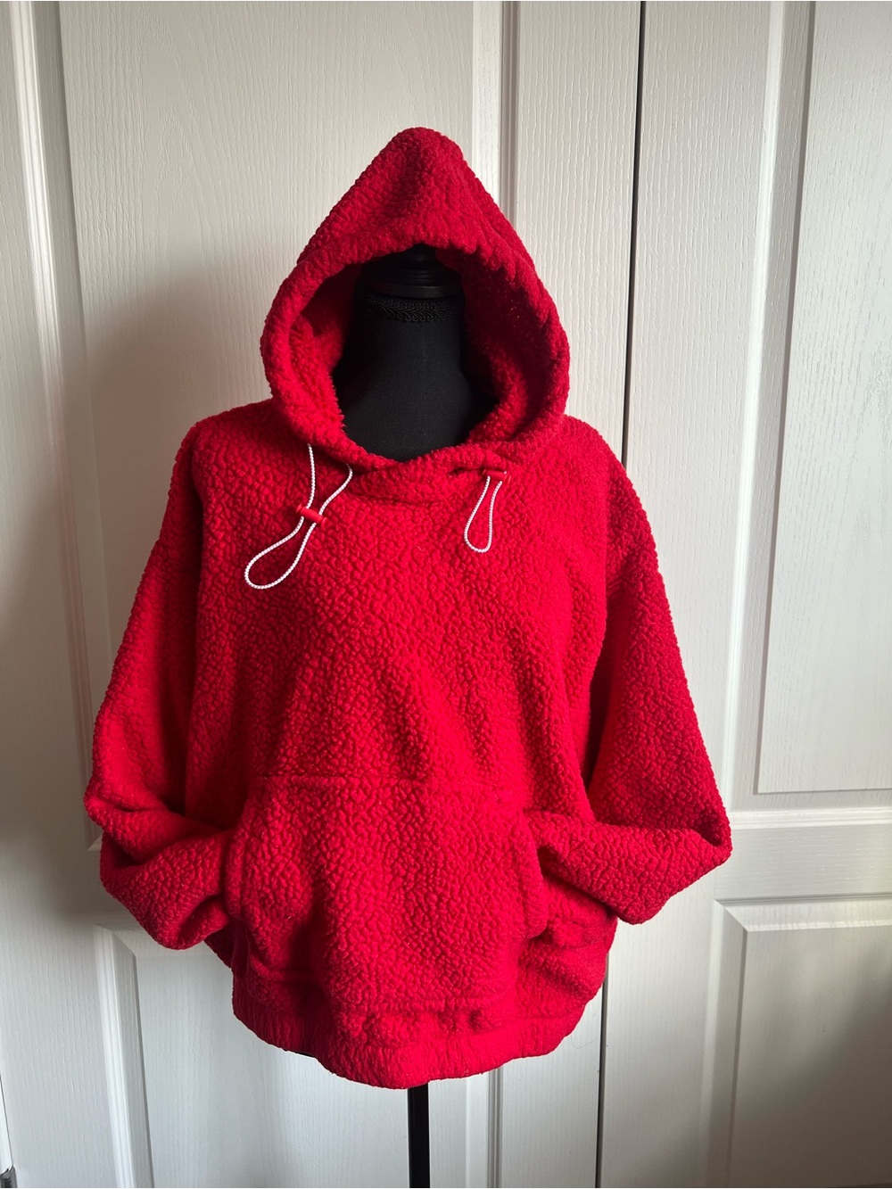 Red Sherpa Hooded Pullover Sweater - Cozy Women's Hoodie
